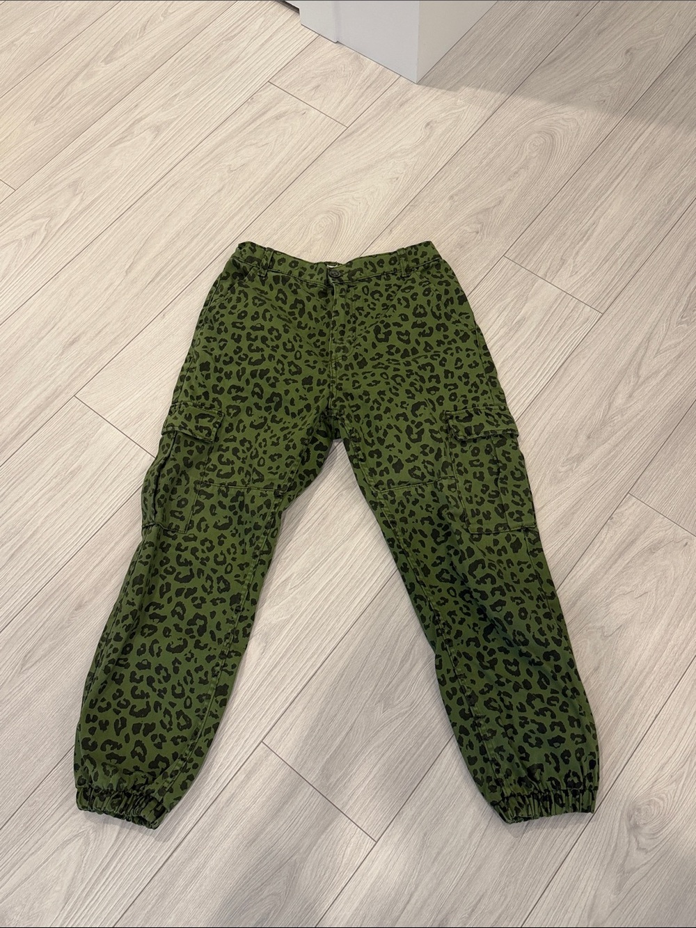 Bershka Olive Green Leopard Print Cargo Joggers